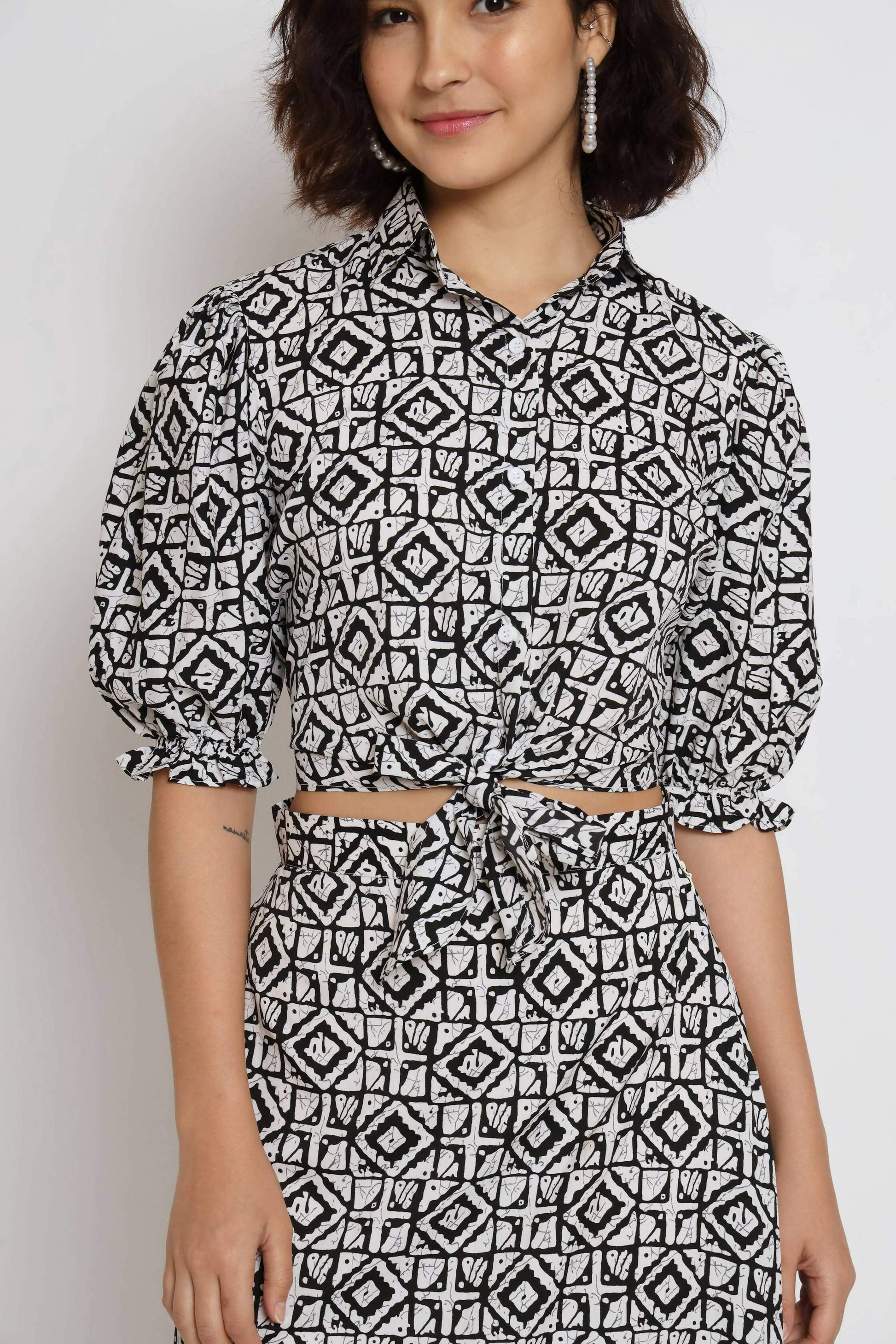 White Crepe Geometric Printed Top with Matching Skirt - Shivani - Distacart
