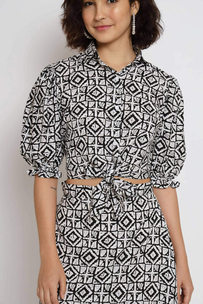 White Crepe Geometric Printed Top with Matching Skirt - Shivani - Distacart