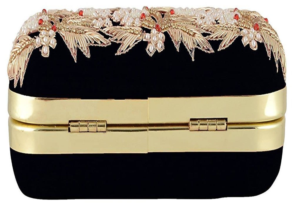Jaishri Handicrafts Pearl Floral Clutch Carbon Black