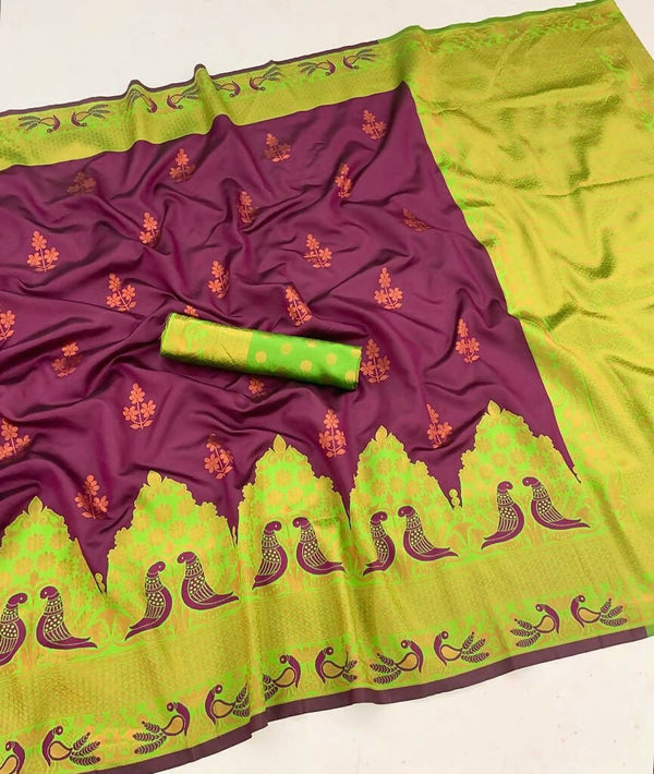 DEIANA'S Beautiful Golden Jari with New Design Soft Lichi Silk Saree - Wine - Distacart