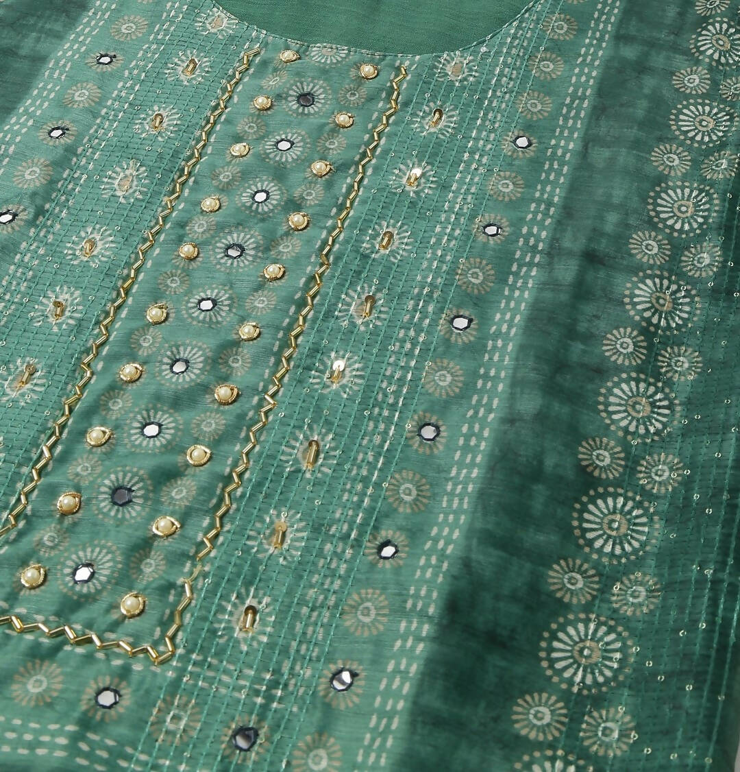 Sea Green Chinon Digital Printed With Hand Work Kurta - Himanshi - Distacart