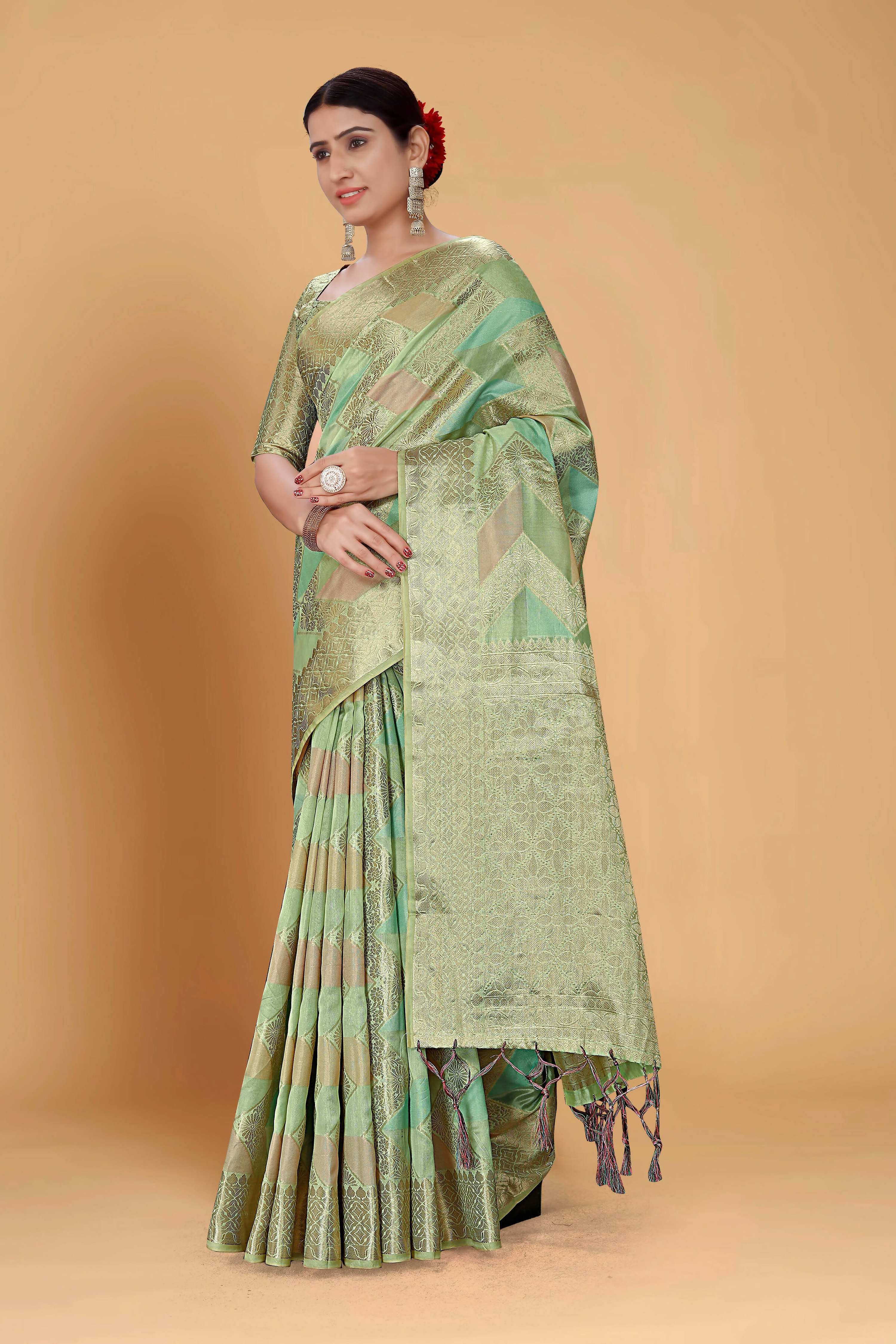 Sea Green Soft Organza Woven Design Saree With Unstitched Blouse Piece - Zaara - Distacart