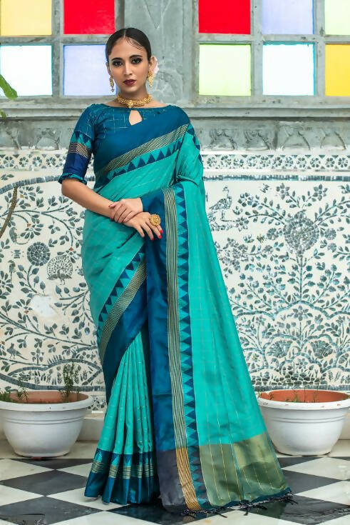 Vishnu Weaves Women's Teal Raw Silk Checks Zari Woven Saree with Unstitched Blouse - Distacart
