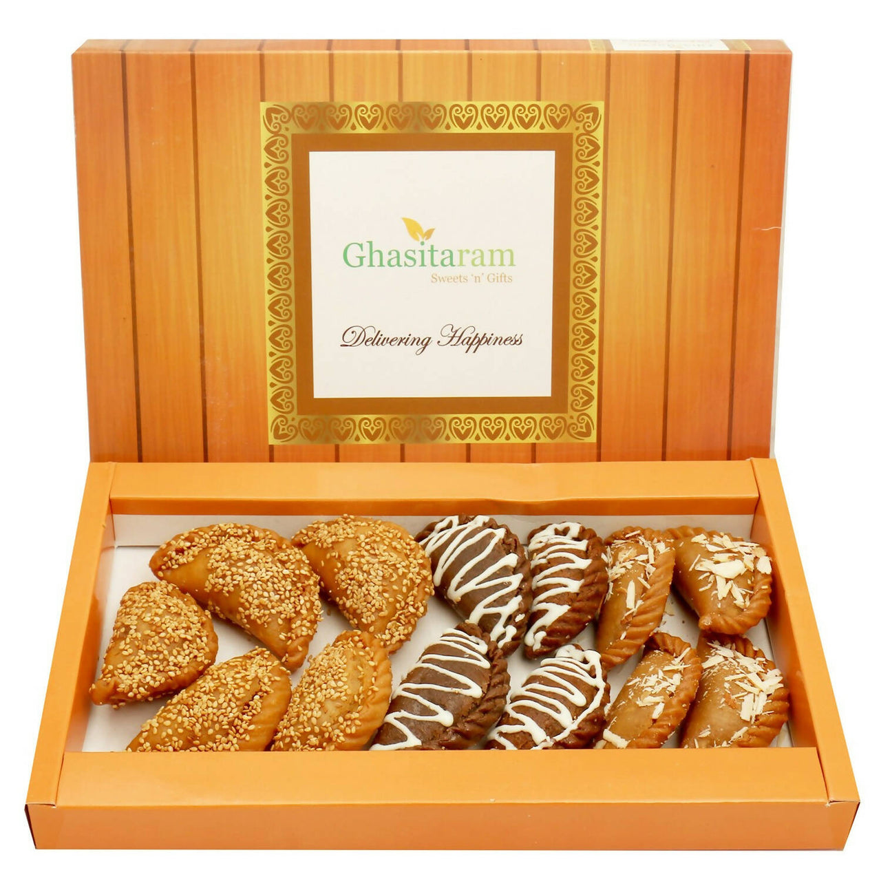 Ghasitaram Holi Sweets - Roasted Til/ Sesame, Traditional Gujiyas Box and Chocolate Gujiyas Box - Distacart