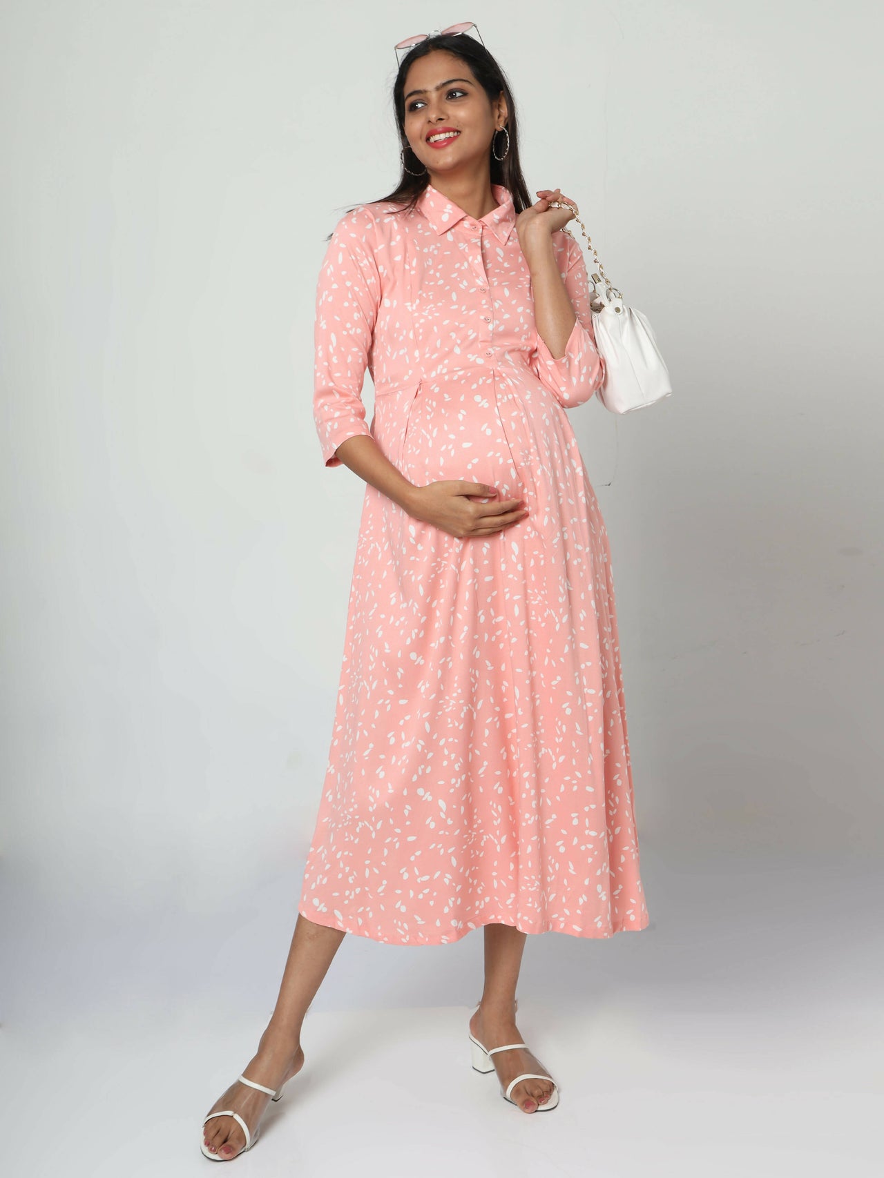 Manet Three Fourth Maternity Dress White Dot Print With Concealed Zipper Nursing Access - Pink - Distacart