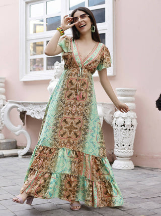 Sea Green Rayon Foil Printed Long Dress - Michan - Distacart