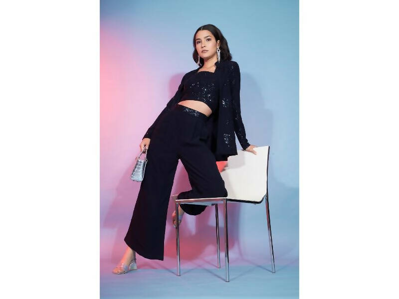 Navy Georgette Sequence With Thread Designer Co-Ord Set - Flory - Distacart