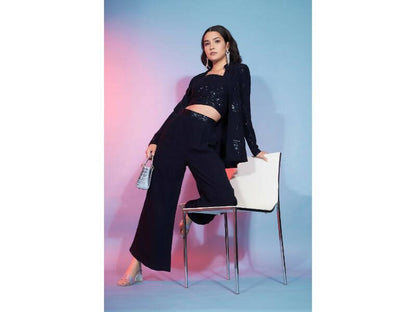Navy Georgette Sequence With Thread Designer Co-Ord Set - Flory - Distacart