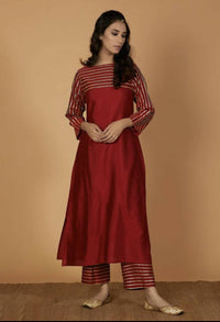 Thumbnail for Cheera Silk Blend Fancy Women's Maroon Color Kurta Palazzo Set - Distacart