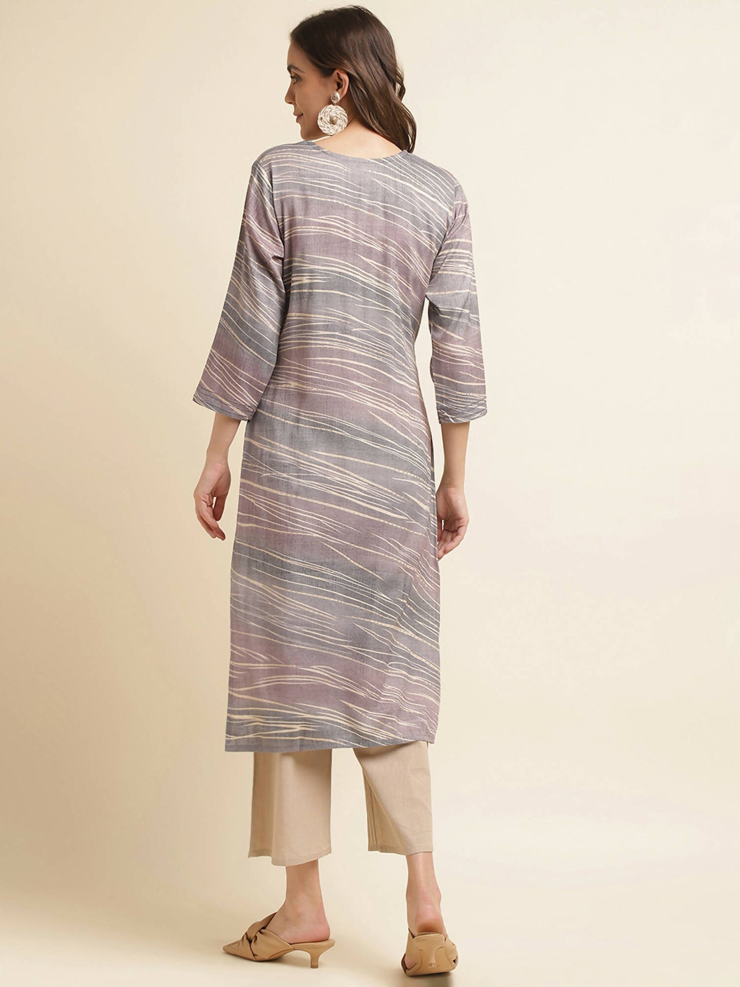 Grey Poly Rayon Stripe Printed Straight Fit Kurta - Prasuti - Distacart