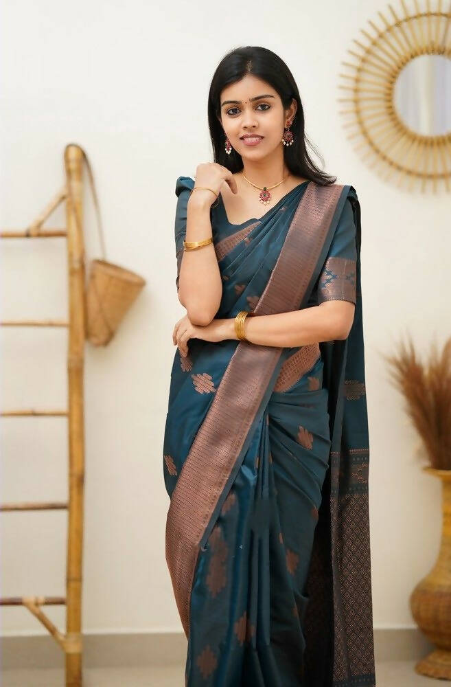 DEIANA'S Beautiful Golden Jari with New Design Soft Lichi Silk Saree - Teal - Distacart