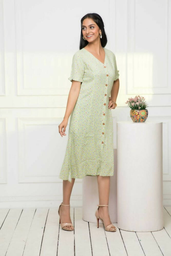 Myshka Women Ethnic Motifs Rayon A-Line V-Neck Green Dress - Distacart