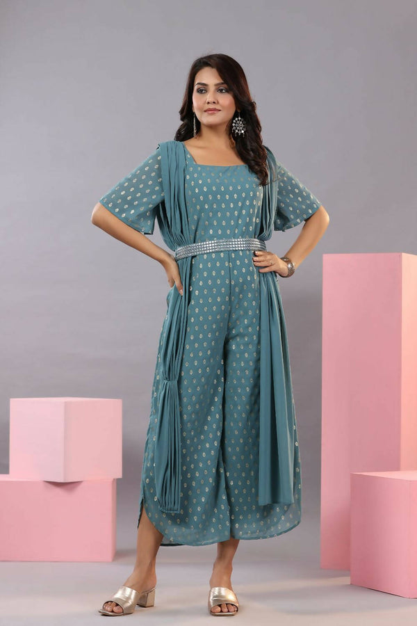 Juniper Women Teal Georgette Foil Printed Draped Jumpsuit - Distacart