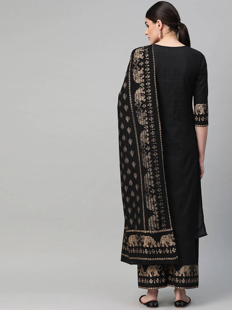 Yufta Women Black & Golden Solid Kurta with Palazzo & Dupatta