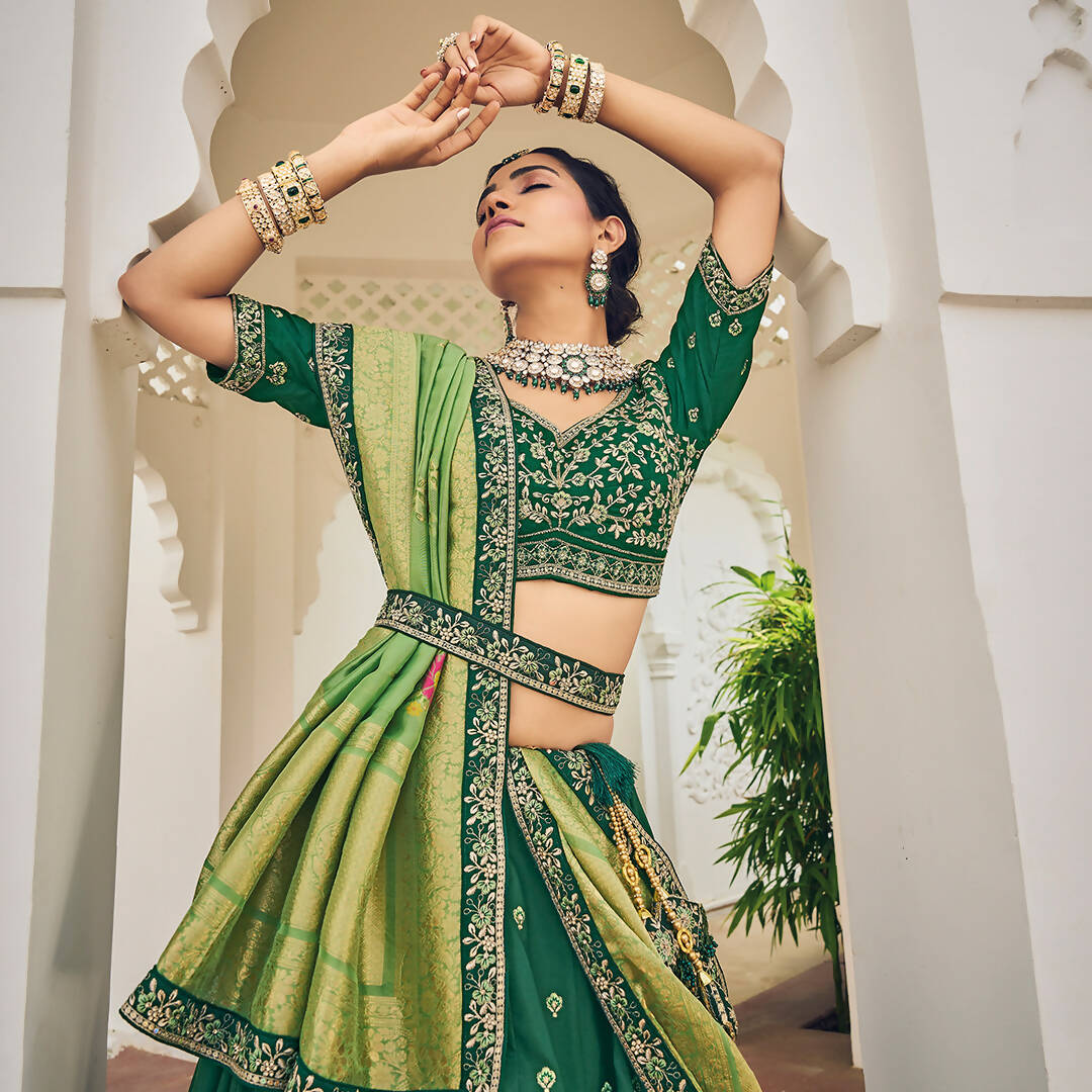 Green Heavy Viscose Khatli, Embroidery & Mirror Work Unstitched Lehenga Choli - Sisha Keshav - Distacart