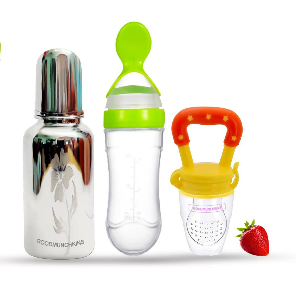 Goodmunchkins Stainless Steel Feeding Bottle, Food Feeder & Fruit Feeder Combo for Baby-(Green-Yellow, 220ml) - Distacart