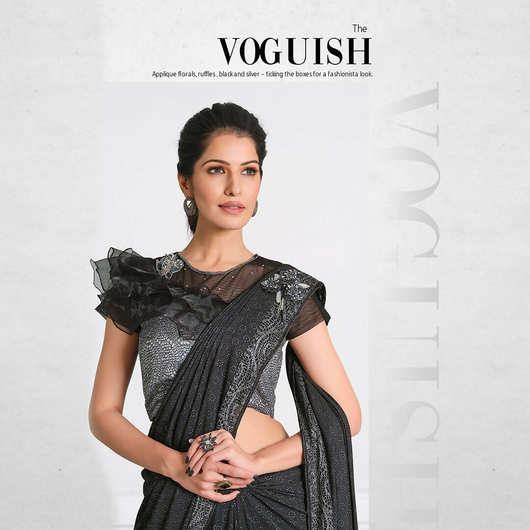 Black Fancy Lycra Handwork Shoulder Butta Saree - Mohmanthan Izzara - Distacart