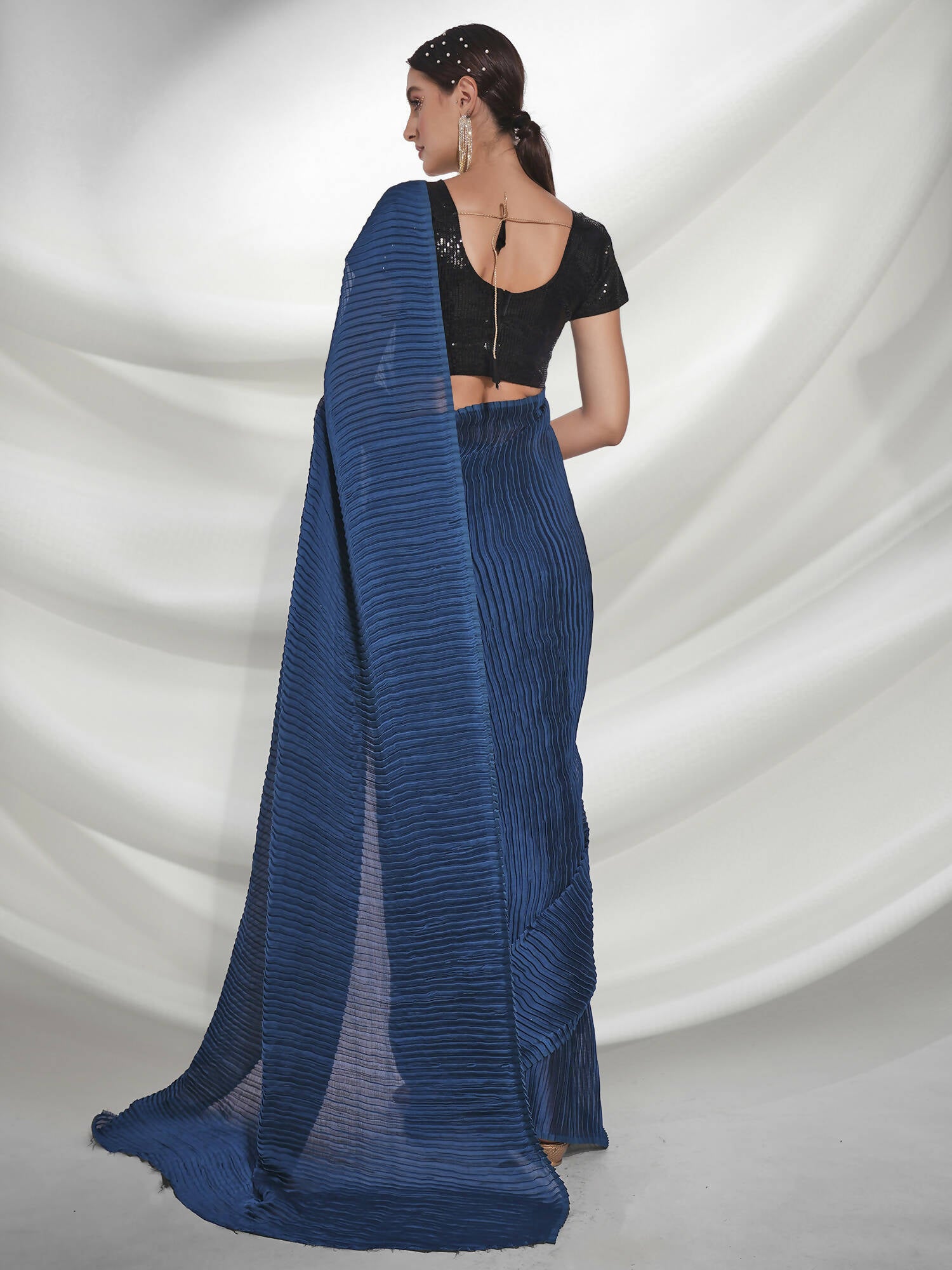 Teal Georgette Solid Texture Saree With Unstitched Blouse Piece - Rajal - Distacart