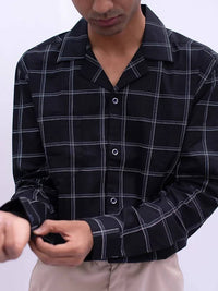 Thumbnail for Diva Globe Cotton Black Checkard Lapel Collar Shirt - Distacart