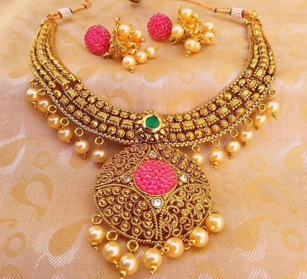 Multicolor Antique Necklace Set with Pearl Drops