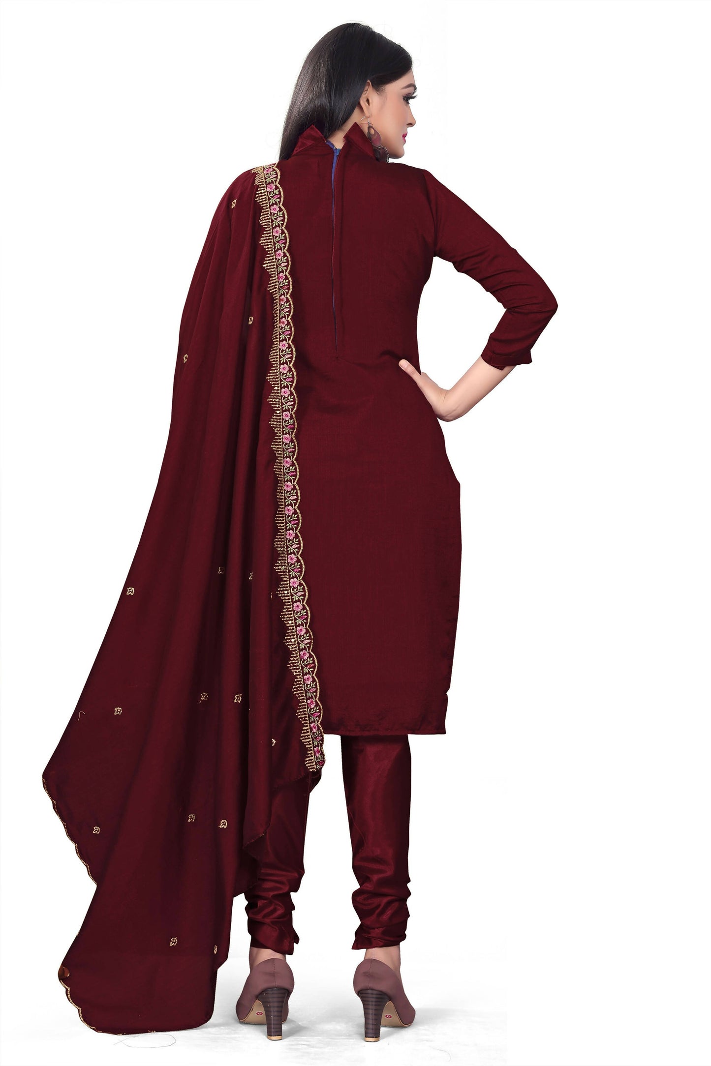 Maroon Silk Embroidered with Sequins work Unstitched Dress Material - Tanvi - Distacart