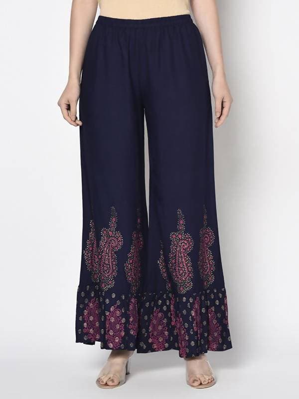 Aniyah Rayon Navy Blue Color Block Print Flared Slip-On Palazzo (AN-216K)