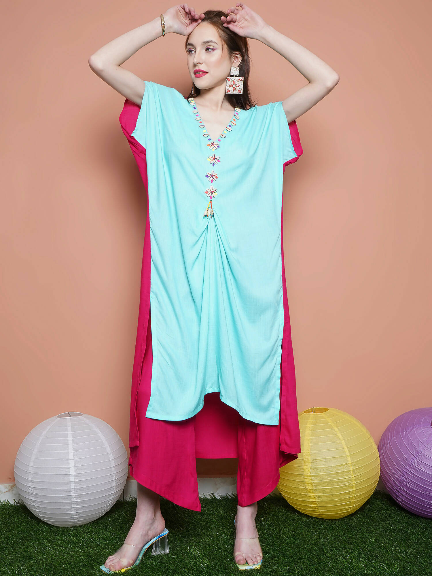 Women Republic Blue And Pink Assyemtrical Kurta Set - Distacart