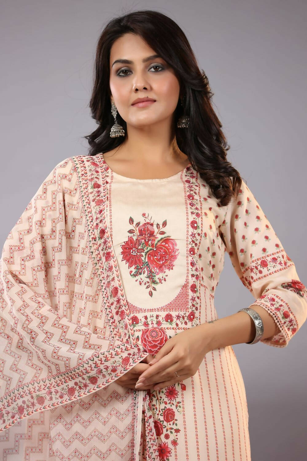 Juniper Women Ecru Muslin Floral Printed Kurta, Pants and Dupatta Set - Distacart