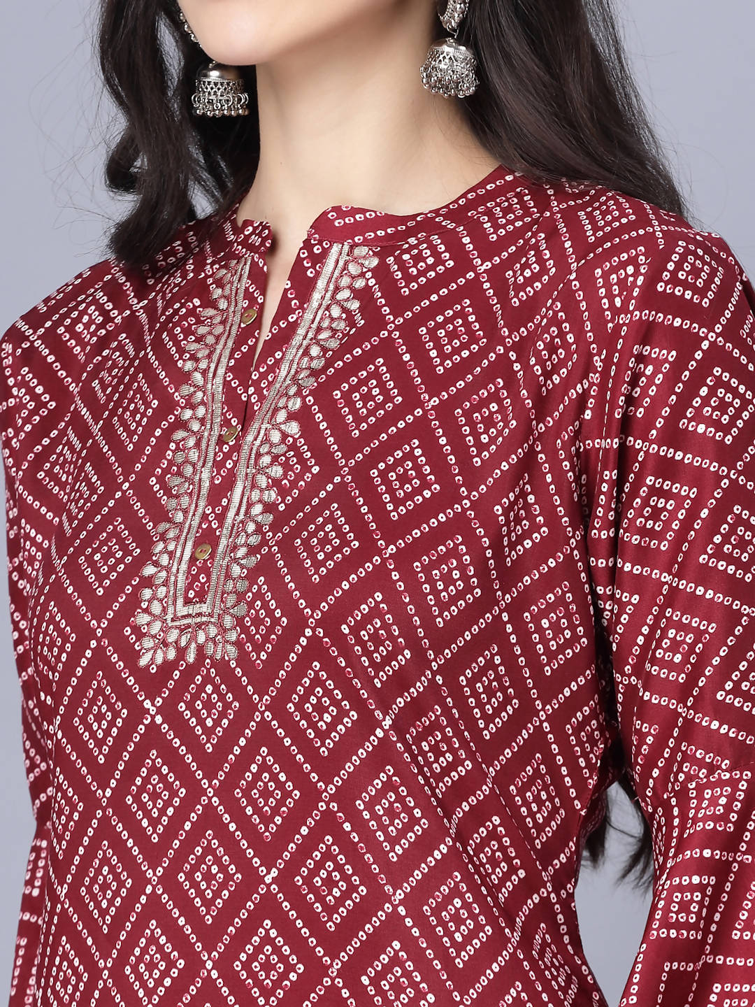 Myshka Silk Printed 3/4 Sleeve Round Maroon Women Kurta - Distacart
