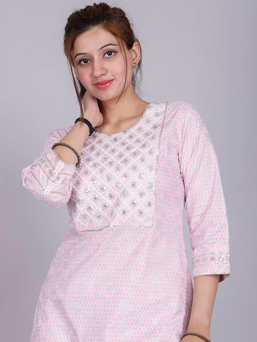 HERE&NOW Pink Ethnic Motifs Embroidered Sequinned Pure Cotton Kurta with Palazzos - Distacart