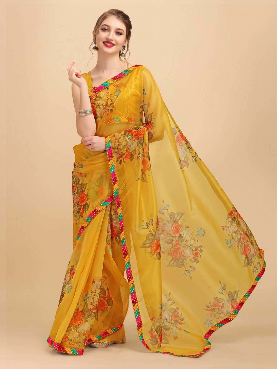 Sangria Mustard & Orange Floral Mirror Work Organza Saree - Distacart