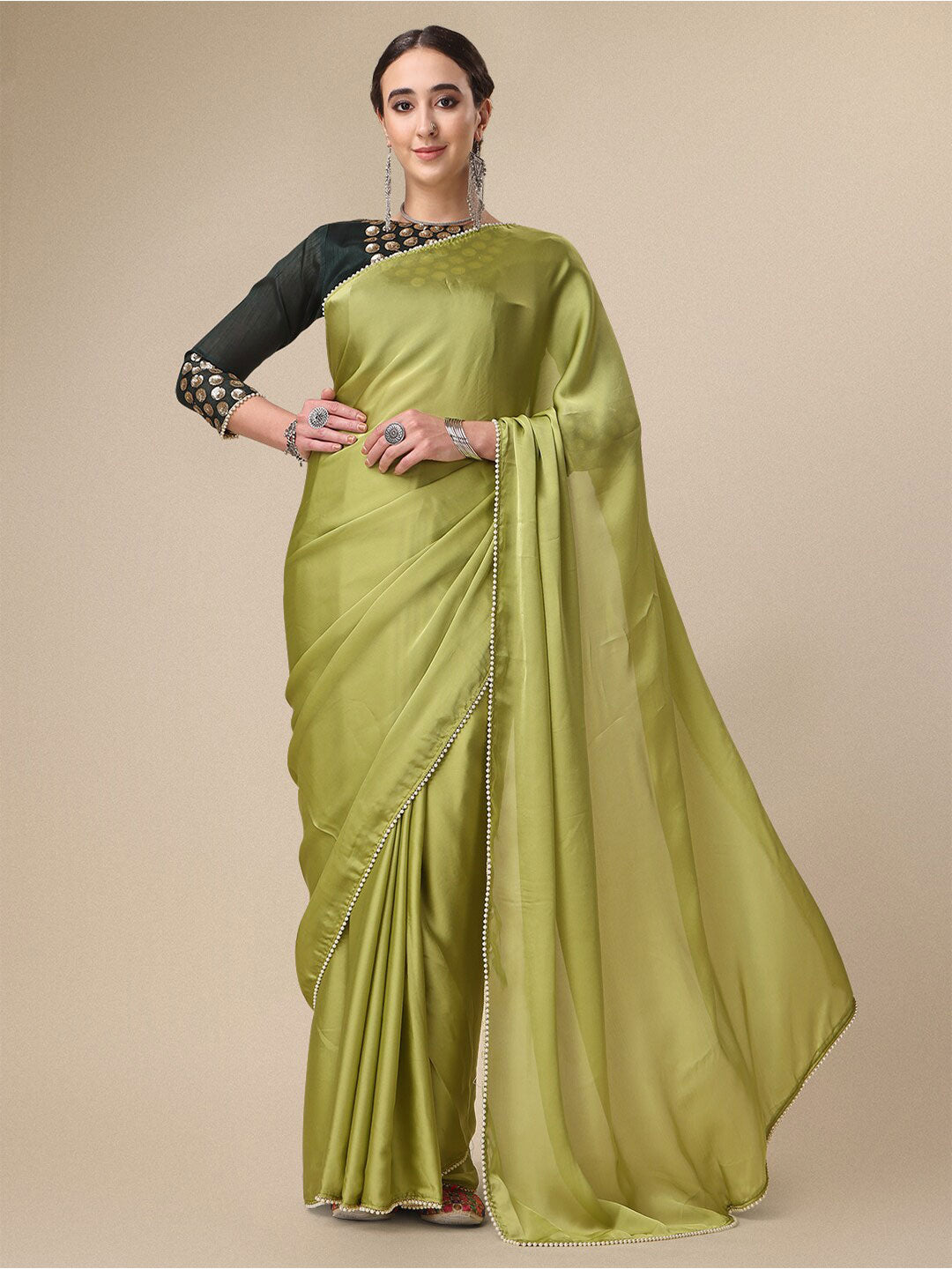 Sangria Olive Green Satin Saree With Beads Embelished Border - Distacart
