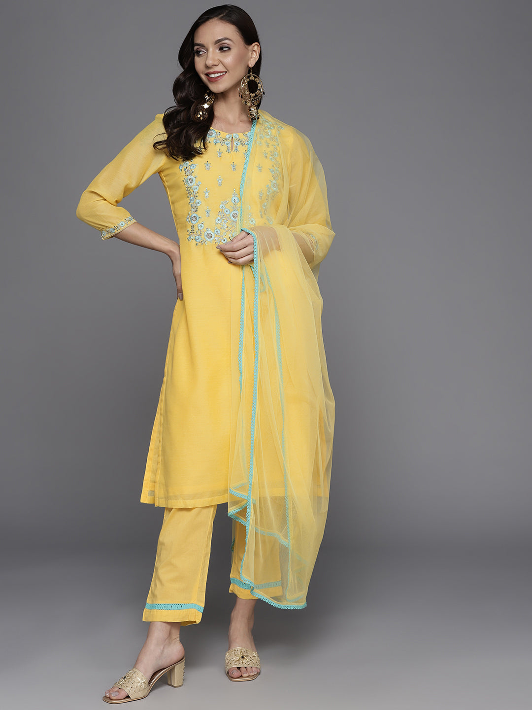 Biba Women Yellow Floral Yoke Design Sequinned Kurta with Trousers & Dupatta - Distacart