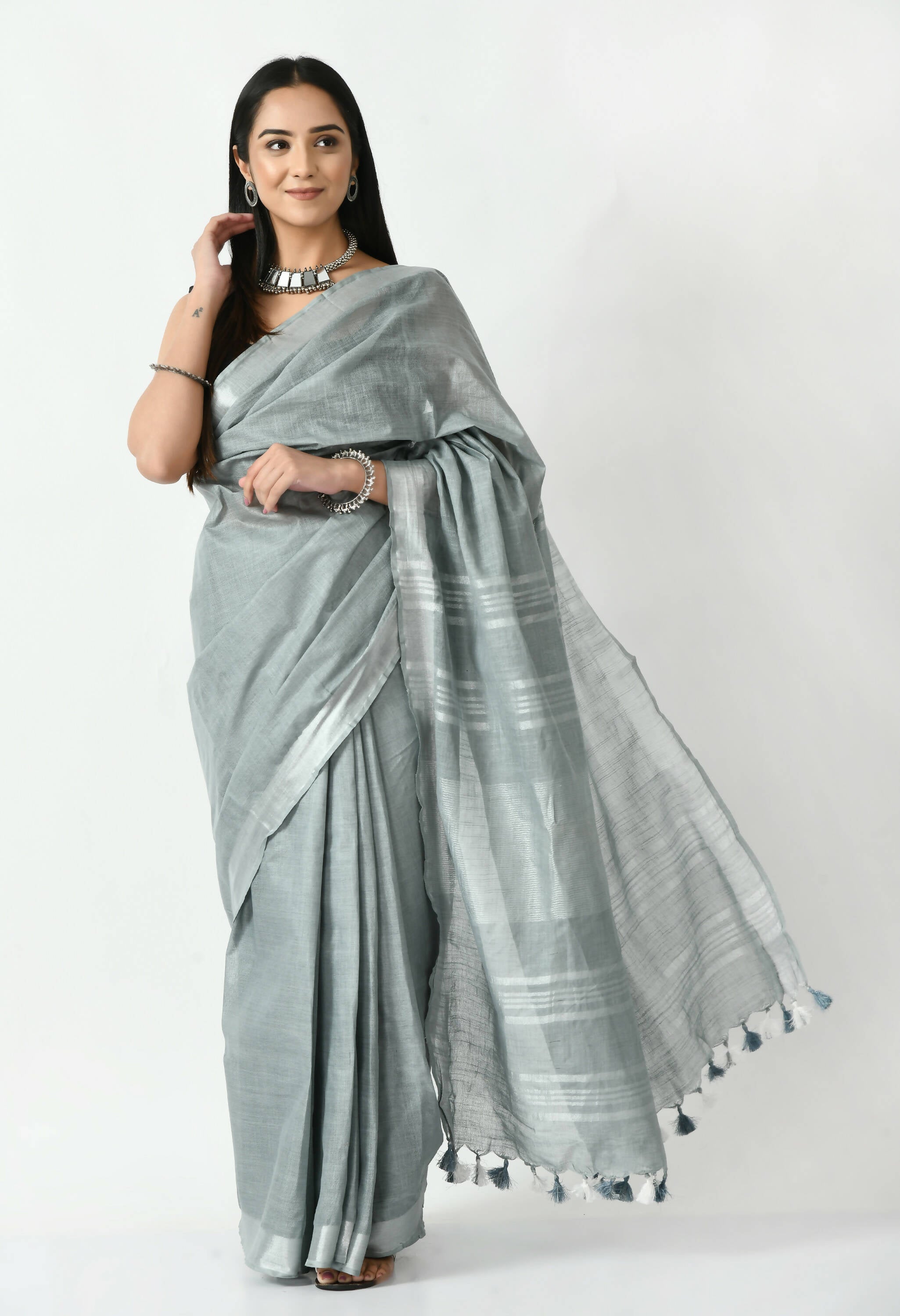 Mominos Fashion Moeza Gray Bhagalpuri Handloom Silk Linen Saree with unstitched Blouse piece - Distacart
