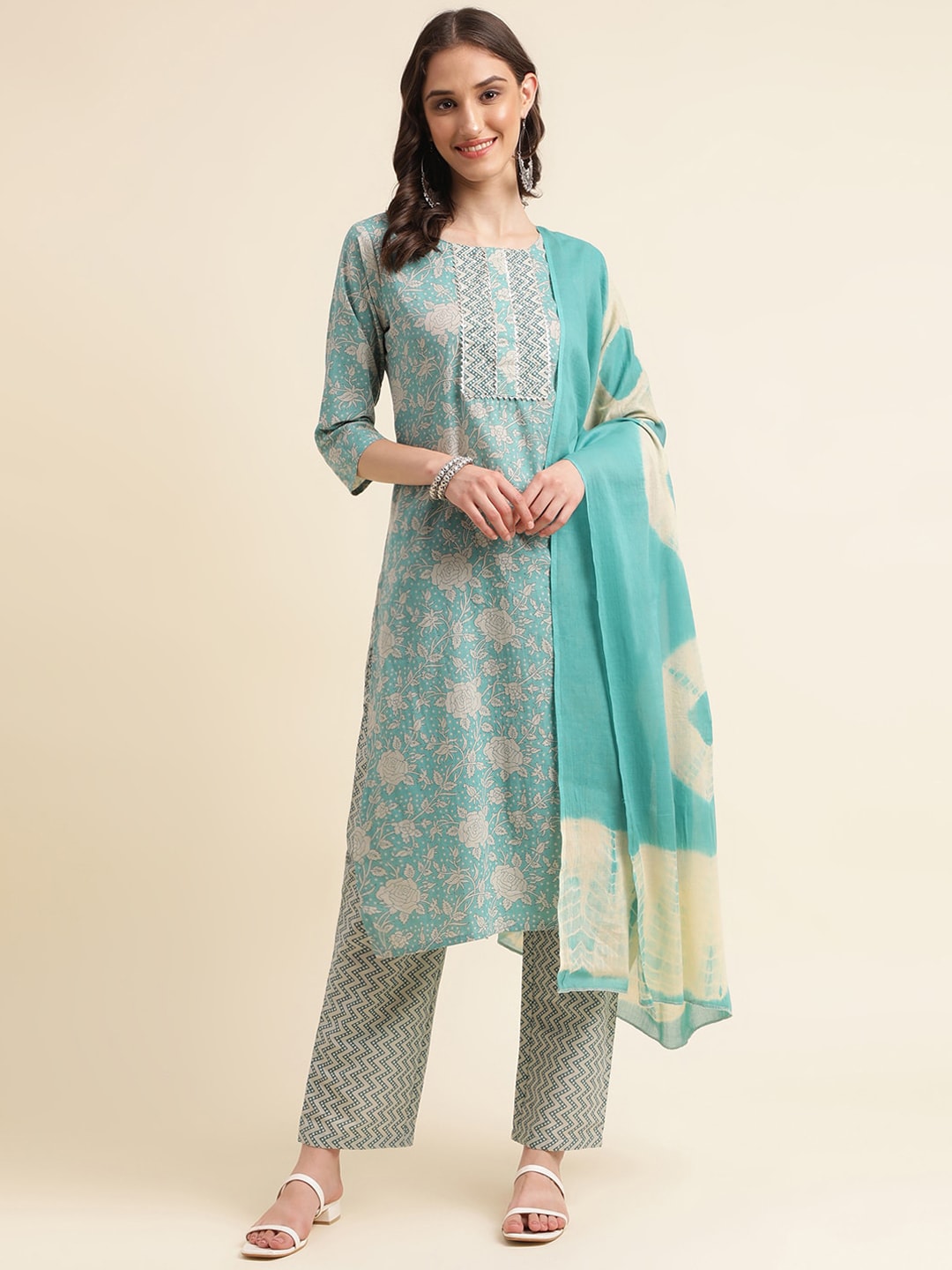 Sangria Green & Cream Floral Printed Pure Cotton Straight Kurta With Trouser - Distacart