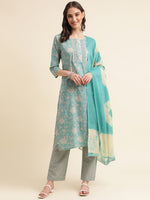 Thumbnail for Sangria Green & Cream Floral Printed Pure Cotton Straight Kurta With Trouser - Distacart