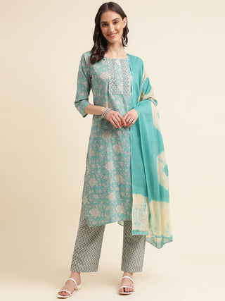 Sangria Green & Cream Floral Printed Pure Cotton Straight Kurta With Trouser - Distacart