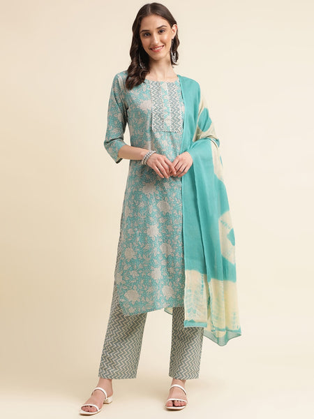 Sangria Green & Cream Floral Printed Pure Cotton Straight Kurta With Trouser - Distacart