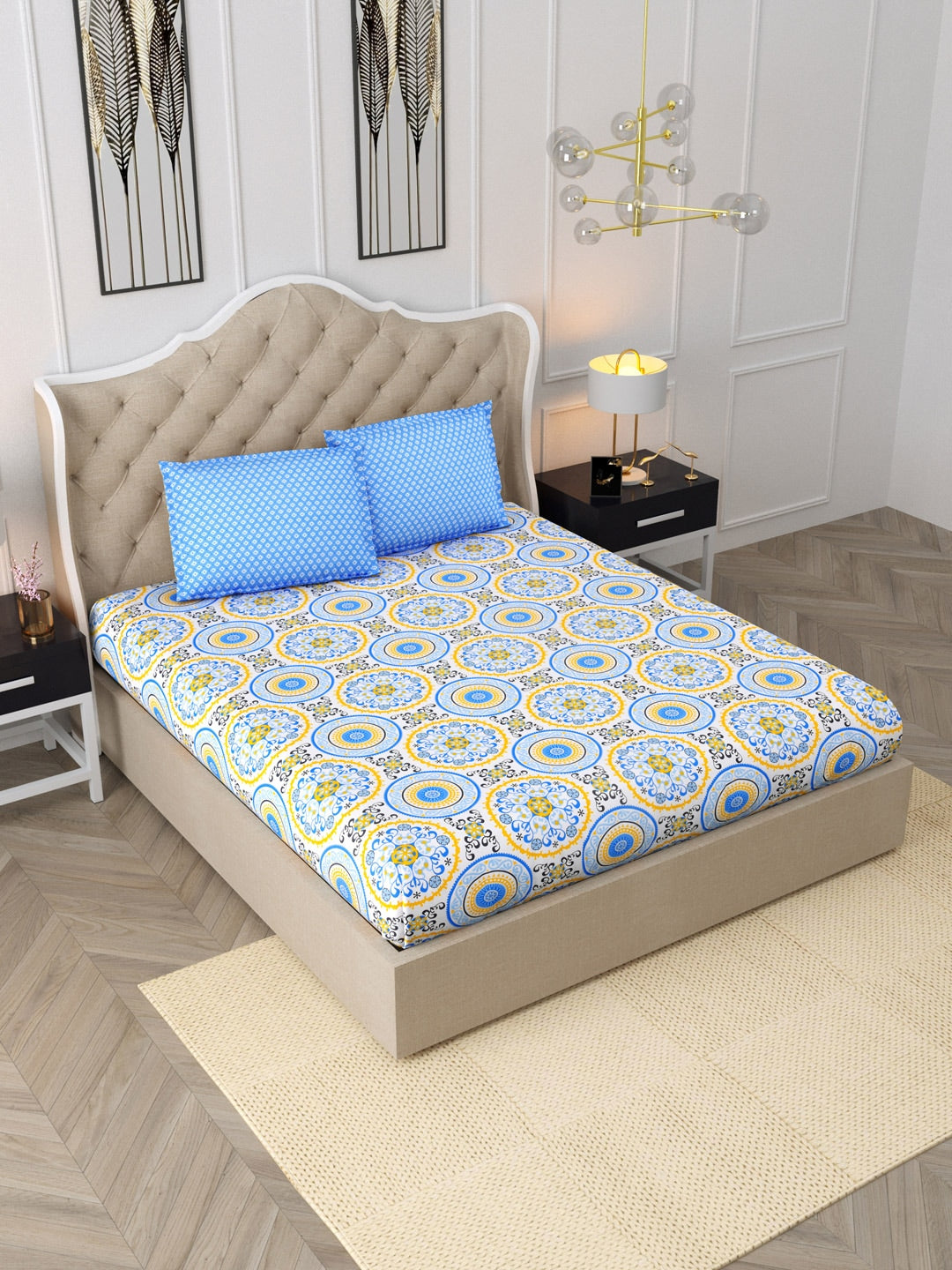 DREAM WEAVERZ Blue & Yellow Cotton Ethnic Motifs 300 TC Double Bedsheet with 2 Pillow Covers - Distacart