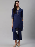Thumbnail for Biba Women Navy Blue Solid Kurta with Palazzos - Distacart