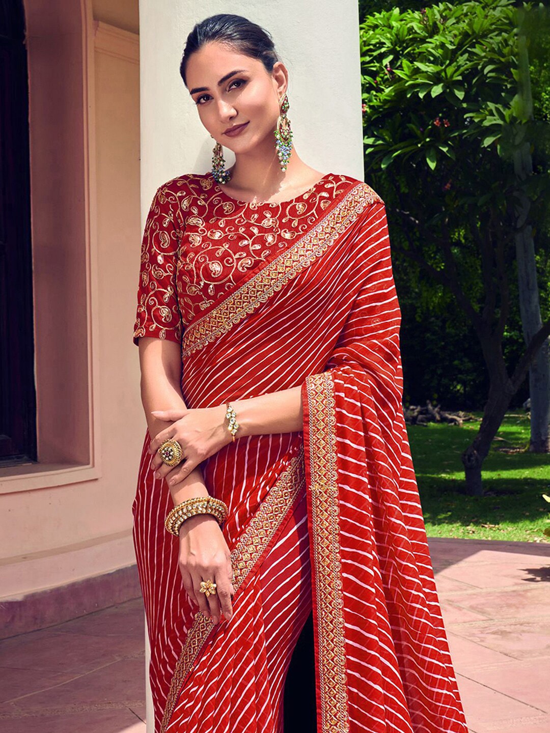 Mitera Red & White Leheriya Printed Embroidered Poly Georgette Leheriya Saree - Distacart