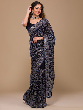 Koskii Floral Embroidered Sequined Poly Georgette Saree - Distacart