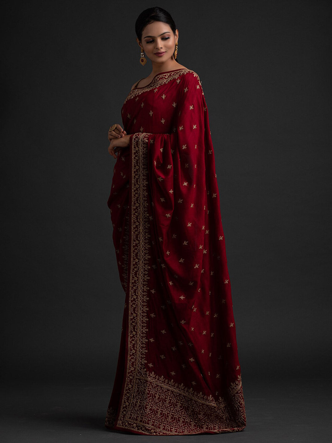 Koskii Maroon & Gold-Toned Designer Embroidered Art Silk Saree - Distacart