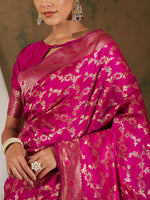Thumbnail for Sangria Pink & Gold-Toned Floral Woven Design Zari Banarasi Saree - Distacart