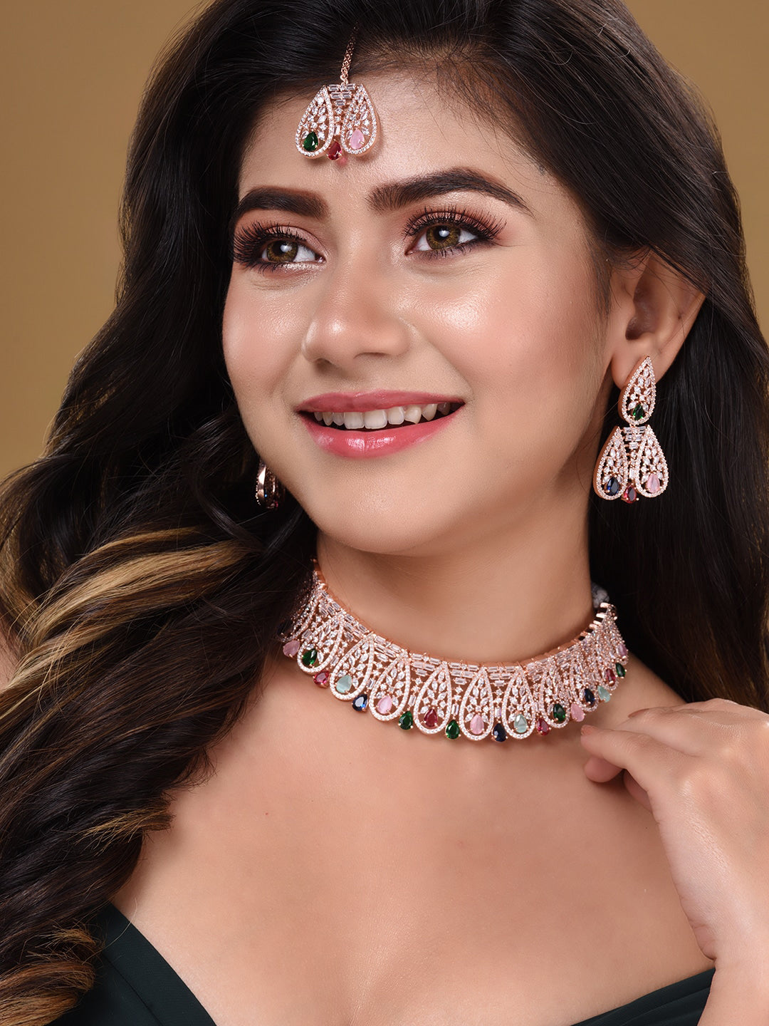 Saraf RS Jewellery Rose Gold-Plated White & Green AD-Studded Jewellery Set - Distacart