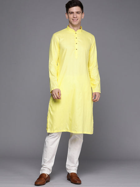 Manyavar Men Yellow Pure Cotton Mandarin Collar Kurta Set - Distacart