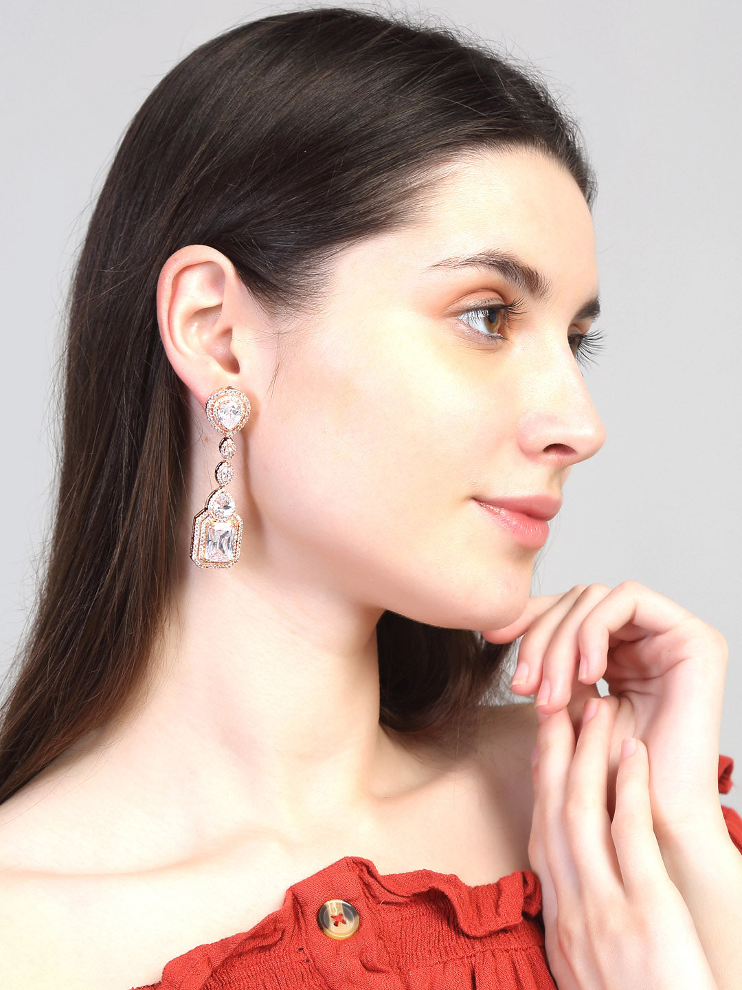 Yellow Chimes Rhodium-Plated Rose-Gold White AD-Studded Drop Earrings - Distacart