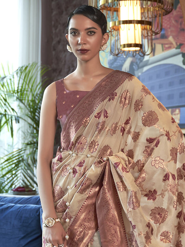 Mitera Off White & Gold-Toned Floral Zari Organza Banarasi Saree - Distacart