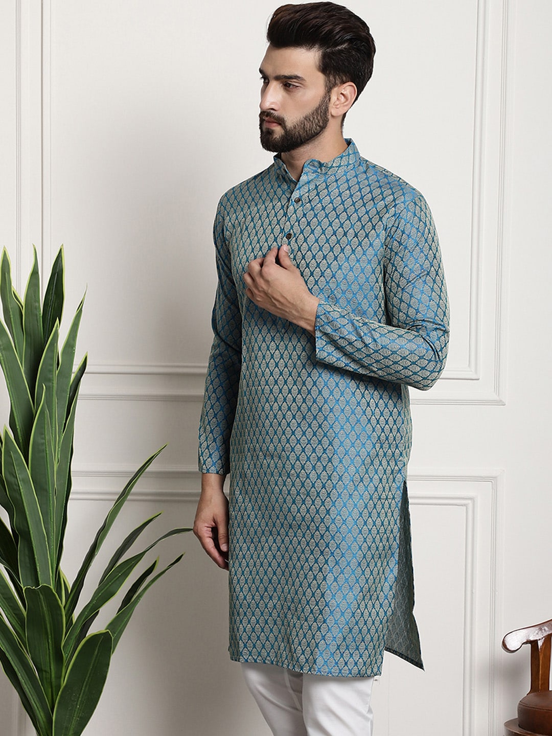 Sojanya Men Blue & Beige Ethnic Motif Printed Jacquard Silk Kurta - Distacart