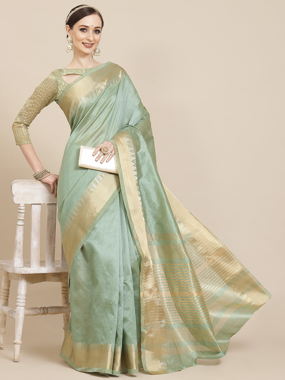 Kalini Green & Golden Solid Woven Design Saree - Distacart